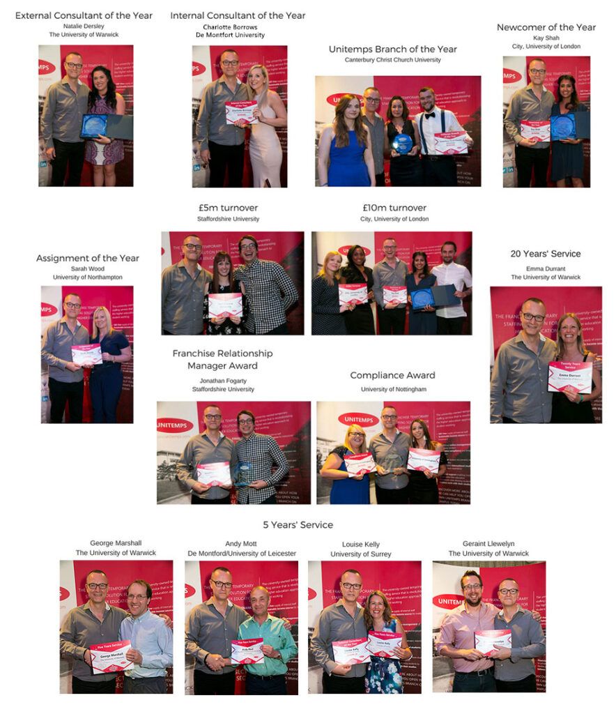 montage of images showing staff receiving unitemps awards and certificates