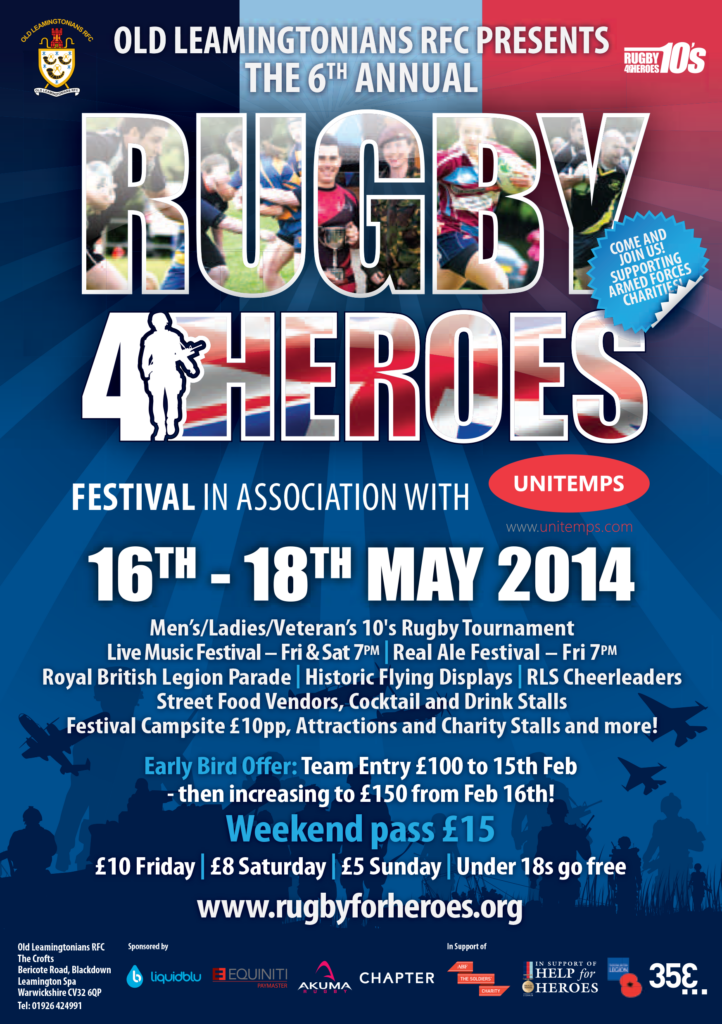 poster promoting rugby for heroes festival may twenty fourteen
